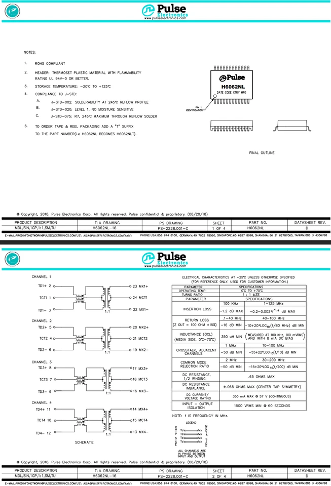 2PCS H6062NL Pulse Gigabit PoE LAN Transformer 1000Base-T SMD 1 Port 350uH - Image 3 of 4