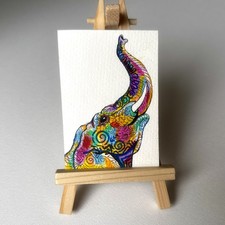 ACEO Original Psychedelic Painting Spirit animal Happy Elephant 5/5 Card ATC
