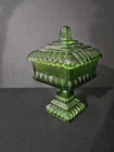 VTG Art Deco Jeanette Green Glass Wedding Cake Box Lidded Candy Dish