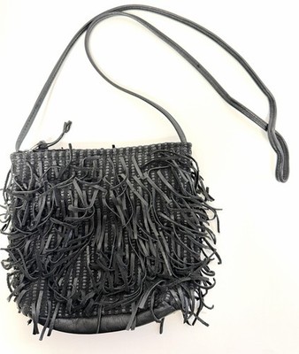 Vintage 80s NARDA EAST WEST LEATHER Fringe Woven Black Leather Crossbody Bag EUC