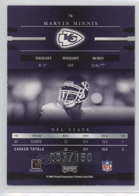 2002 Playoff Prestige Xtra Points Purple /150 Marvin Minnis #74 - Image 2 of 2