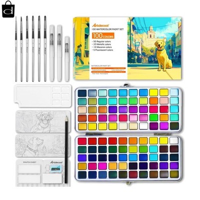 Watercolor Paint Set, 100 Colors, Travel Water Colors kit with 9 Brushes, 3 S...
