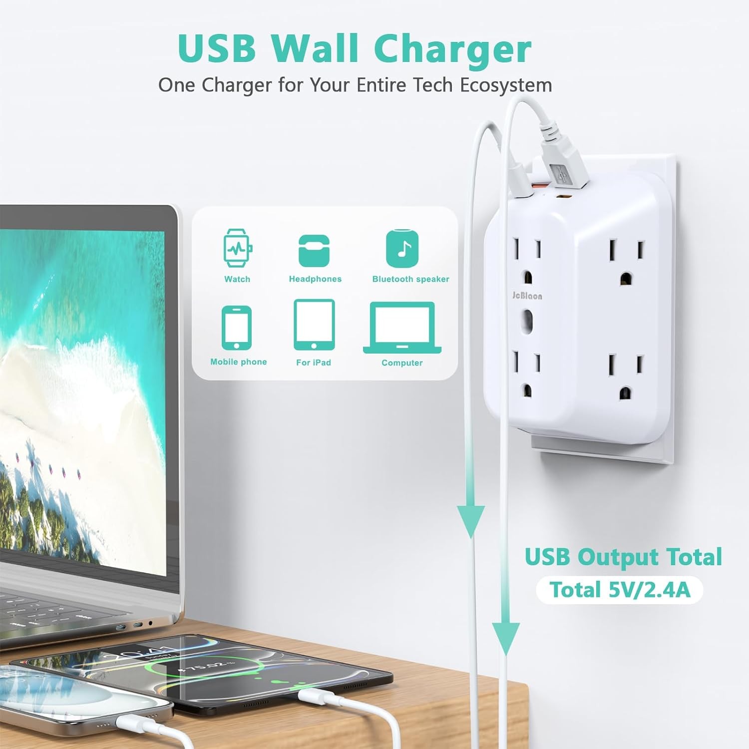 Multi Plug Wall Outlets, 6-Port Outlet Extender with 4 Charging USB White 