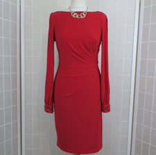 Adrianna Papell Dress UK 8 Red Ruched Drape Back Long Slit Sleeve Jewel Cuffs