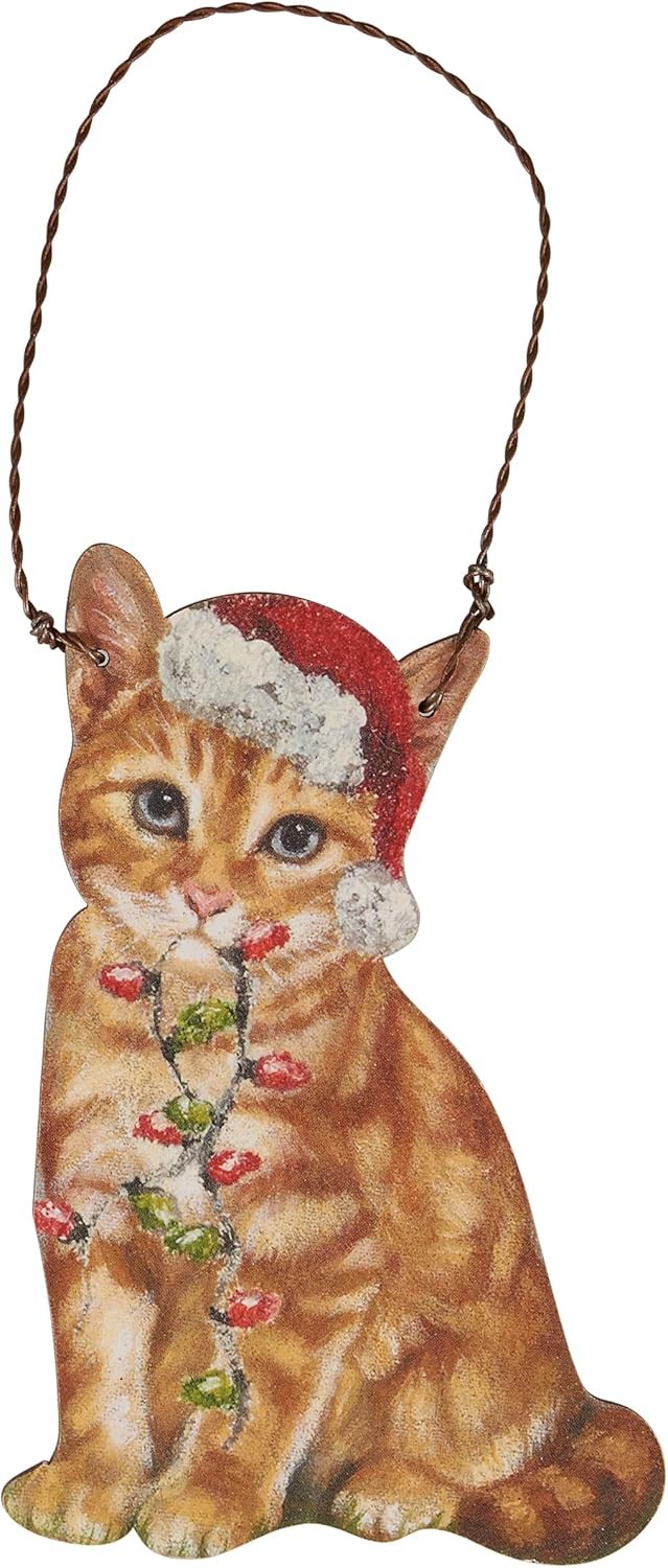 Примитивы от Кэти Оранжевый кот в шляпе Санты и шарфе Деревянное Рождество