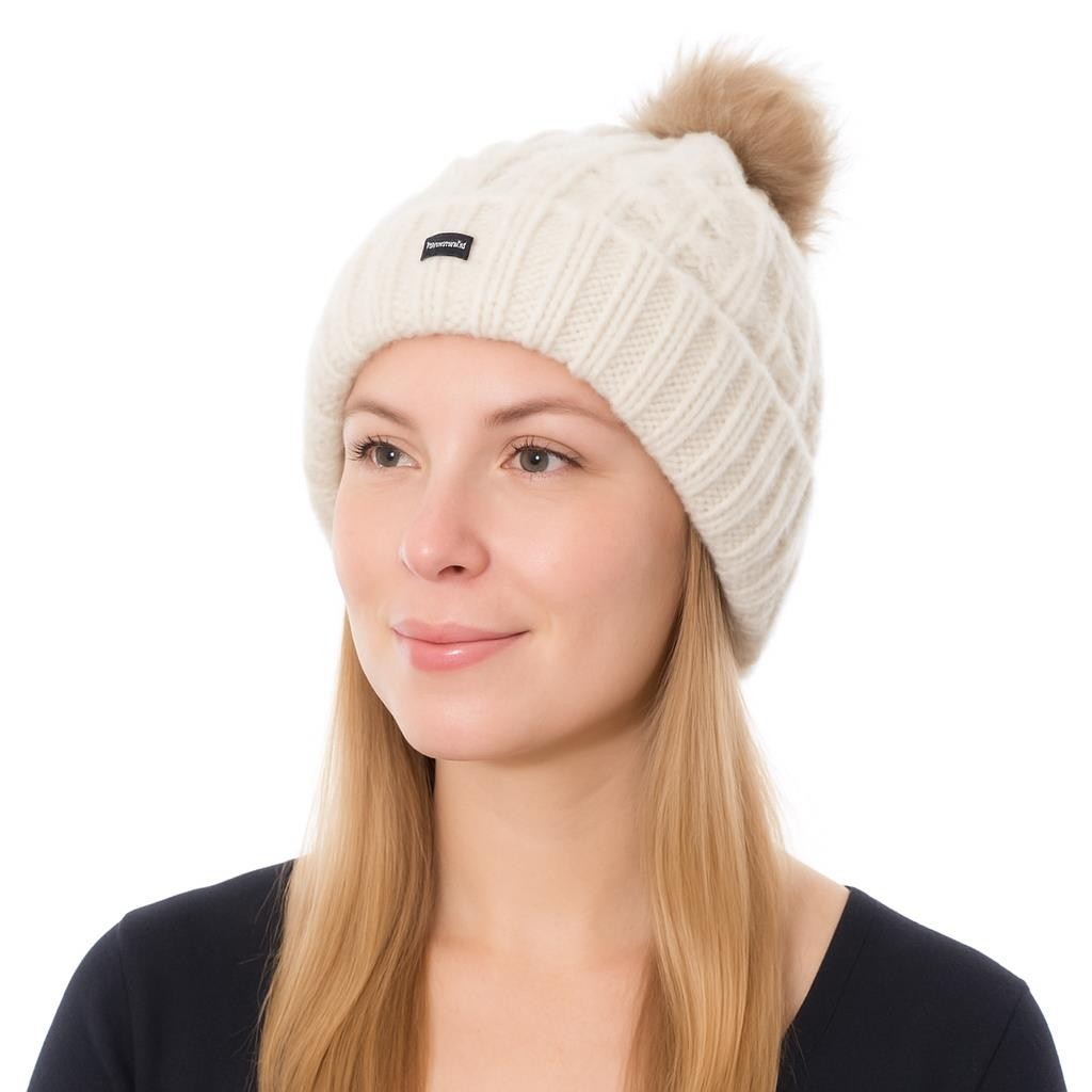Bobble Hat Woman Cream Cable Knit 2 in 1 Beanie With Detachable Pom CRAGGI