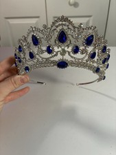 Blue Rhinestone Silver Faux Sapphire Diamond Tiara Crown Party Glamour Princess
