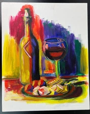 Wine and Cheese Painting Original Art Colorful Expressionism 20x16 by Sistak
