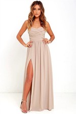 NWT Lulus S Moonlight Serenade Long Chiffon Overlay Taupe Evening Gown 133872