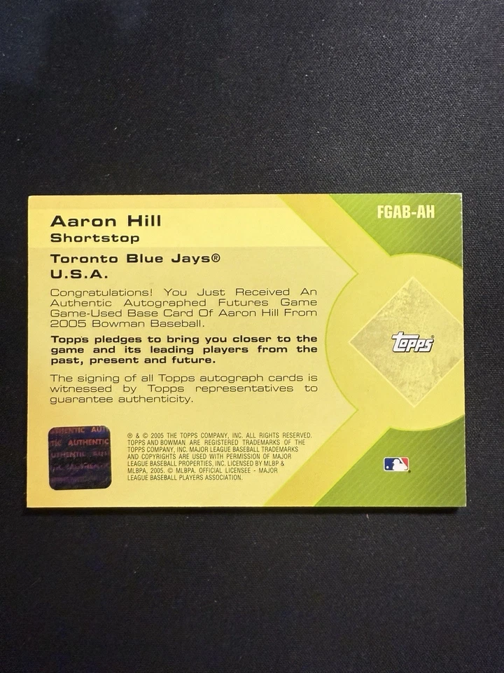 AARON HILL 2005 Bowman BASE OF THE FUTURE RPA Blue Jays Yankees #FGAB-AH - Image 2 of 2