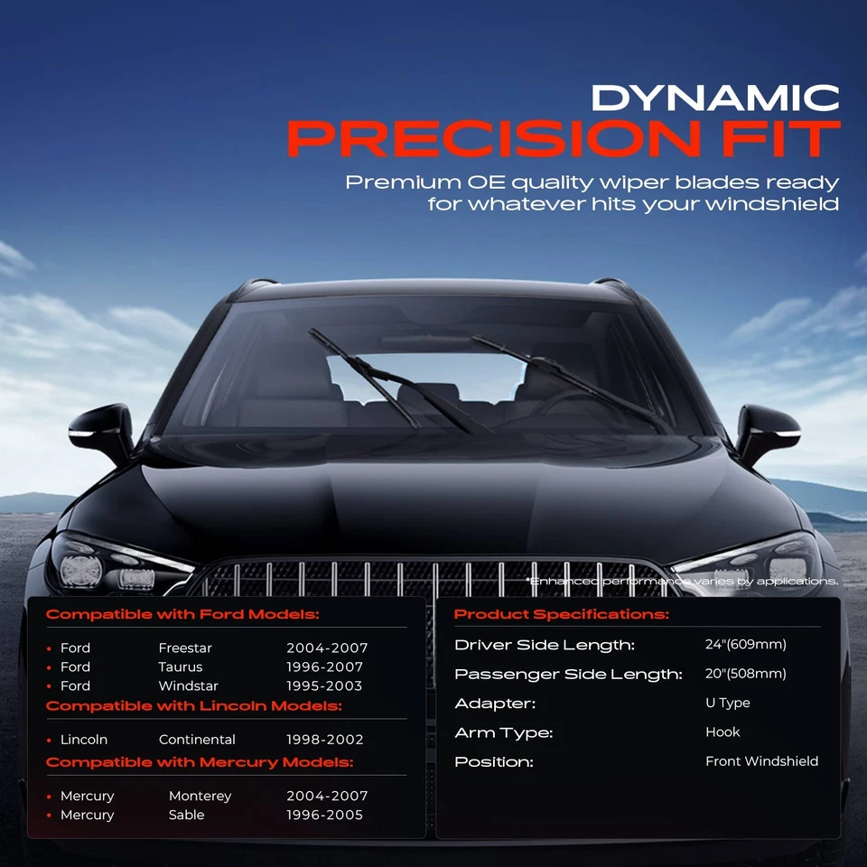 2 piezas limpiaparabrisas delantero de 24" y 20" para Ford Taurus Lincoln Continental Foto 2 de 4