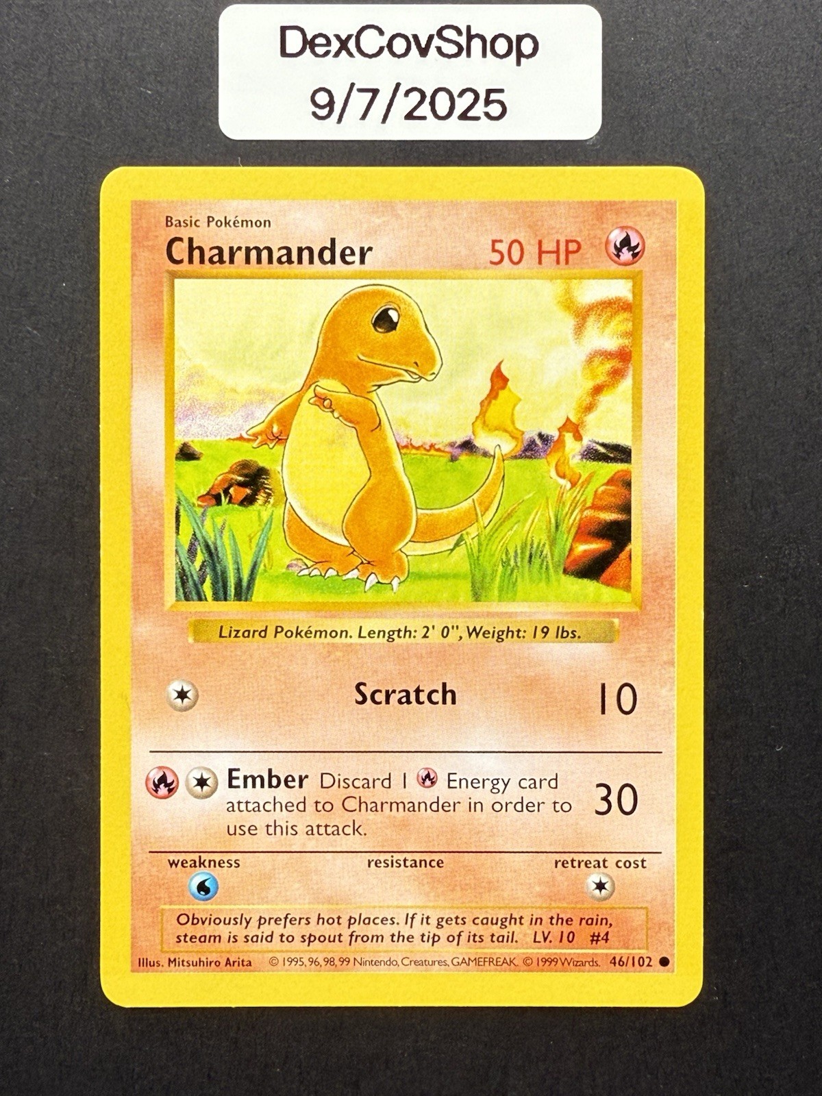 Charmander 46/102 Base Set Shadowless Pokémon Card WOTC 1999 MP - Vintage