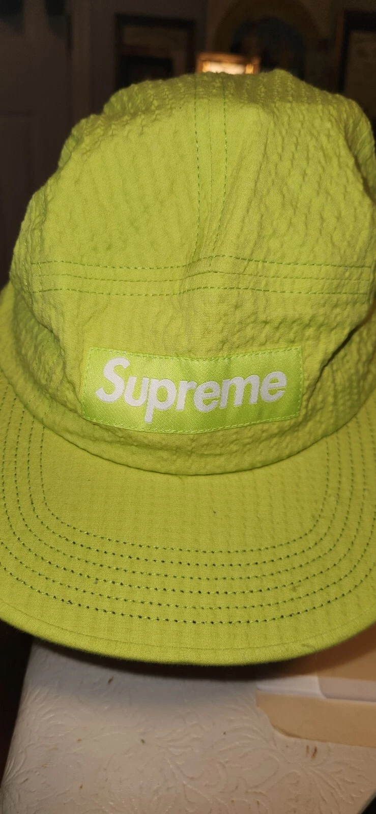 Chapeau de course Supreme SS’21 vert citron maille seersucker 5 panneaux