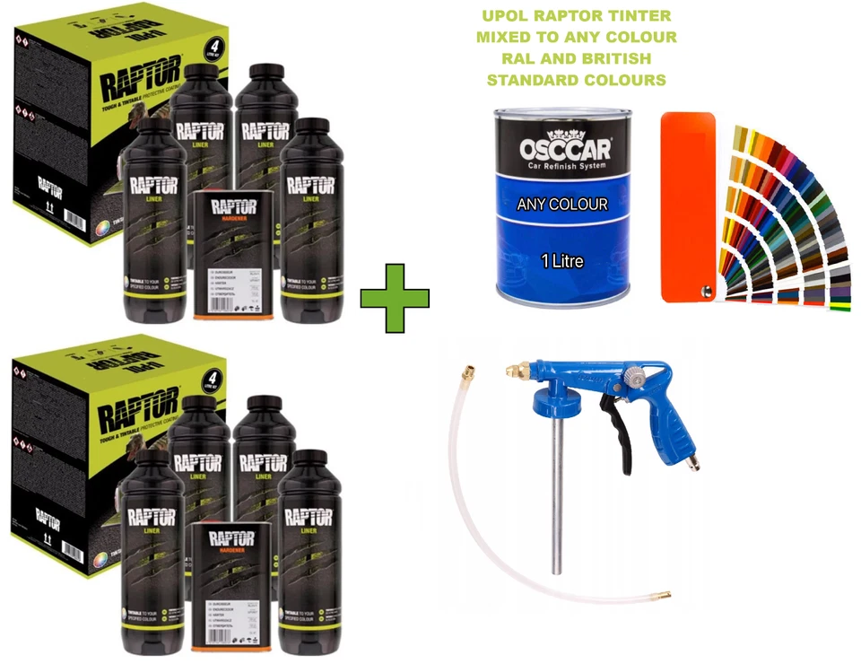 U-POL Kit de 8 botellas Upol Raptor Truck Bedliner + mezcla de tintor de 1 L a cualquier color + pistola gratis