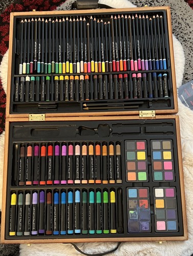 Studio Art Set in Solid Wooden Briefcase (Pencils, Paints, Pastels)