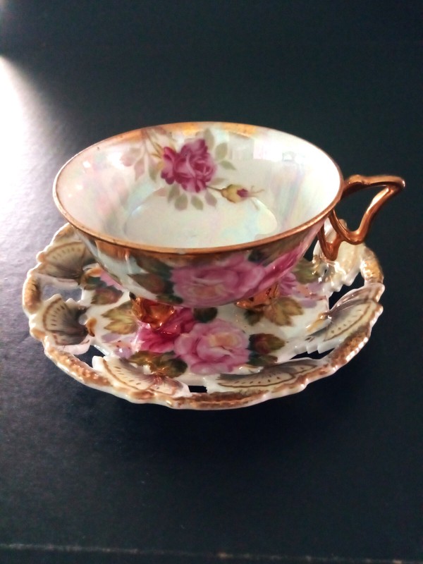 BUTTERFLY HANDLED TEA CUP W/ FEET & SAUCER W/OPEN  BUTTERFLIES, COLORED FLOWERS