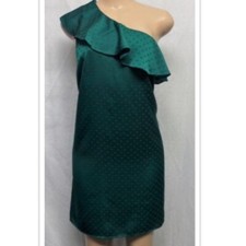 LOFT GREEN POLKA DOT ONE SHOULDER RUFFLE SHIFT DRESS SIZE: M NWT