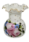 Hand Painted Milk Glass Ruffled Edge Vase Fenton? Pink Floral Roses 5.5” MCM VTG