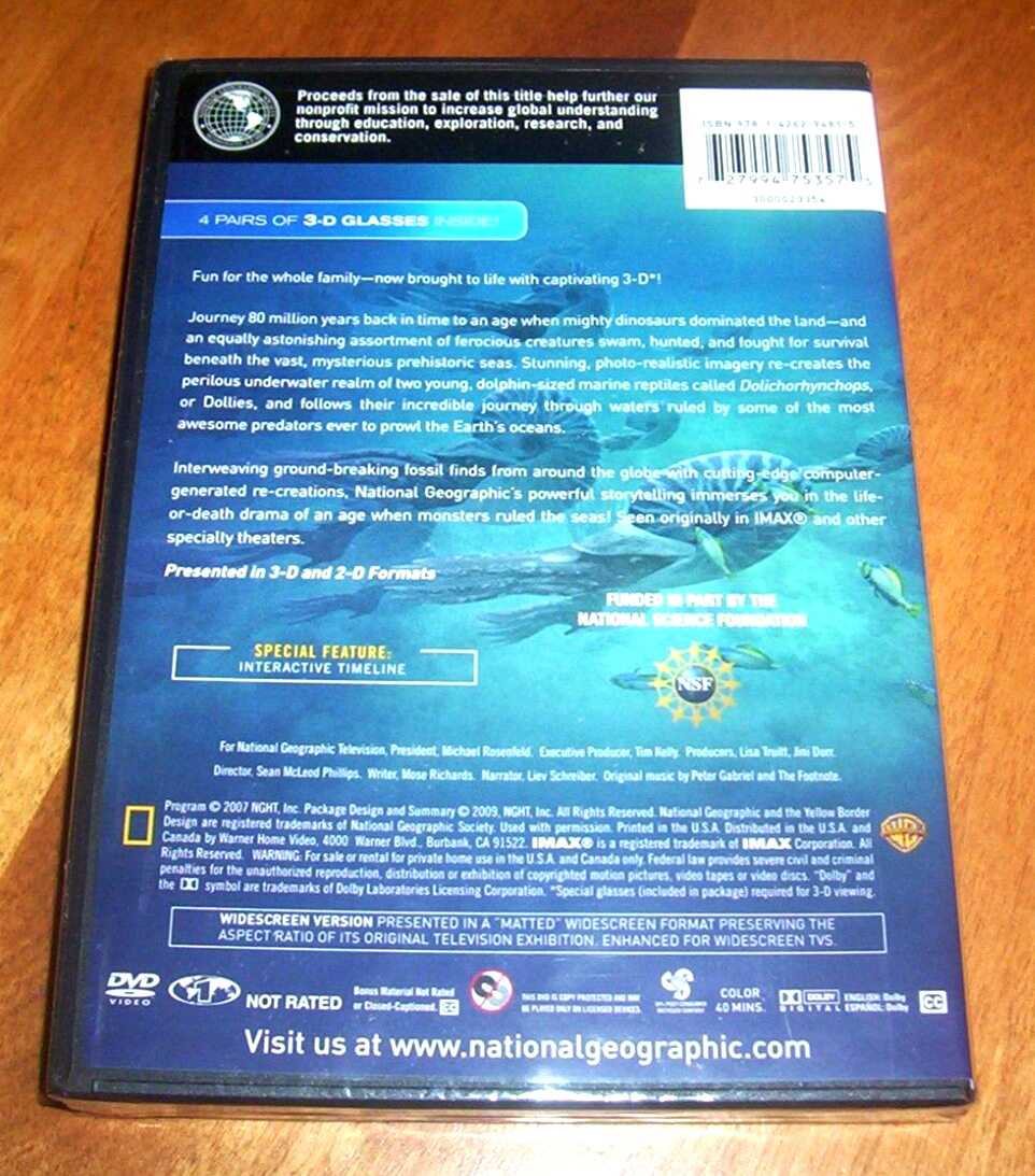 SEA MONSTERS A PREHISTORIC ADVENTURE NATIONAL GEOGRAPHIC 3-D DVD +