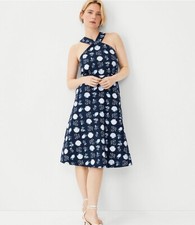 New Ann Taylor Navy Halter Fit Flare Dress Shell Tile Cotton Linen Sz 2 8 Lined
