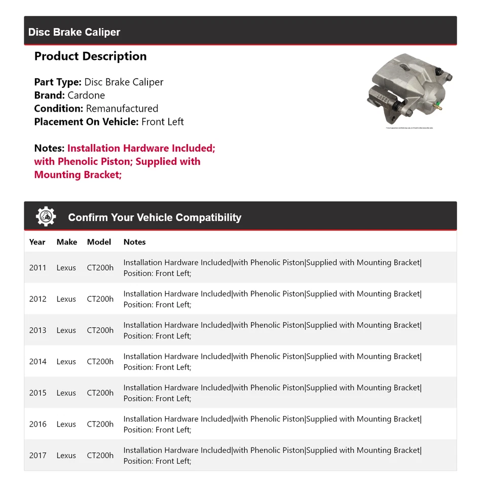 Pinza de freno de disco delantera izquierda cardone 2012 2013 2014 para Lexus CT200h 2011-2017 Foto 2 de 4