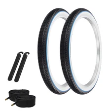 OG LOWRIDER TIRES 24 x 2.125 BLACK/WHITE BLUE LINE P-123A W/TUBES & TIRE LEVERS