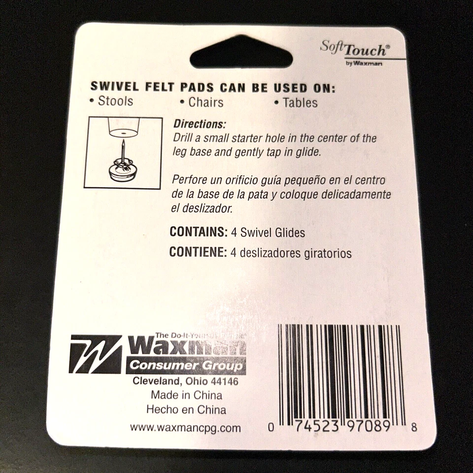 "Paquete de 4 deslizadores de muebles de fieltro giratorio Waxman 7089 para patas de muebles de metal de 1""" Foto 3 de 3