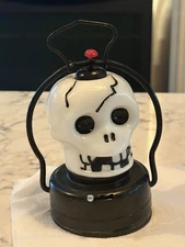 Vintage Halloween Skull Skeleton Light Up Lantern Milk Glass Tin Hong Kong Lamp