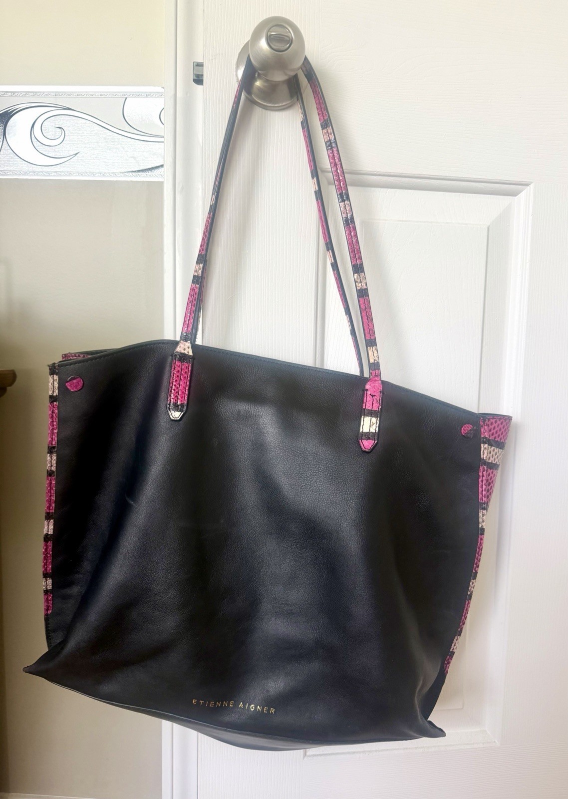Etienne Aigner Women's Genuine Leather Tote Shoulder Bag Black Pink Snake