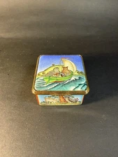 Vintage Halcyon Days Enameled Trinket Box Owl And Pussy Cat ~ Square