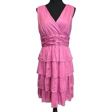 Talbots Women's Magenta Cotton Sleeveless V-Neck Ruffle Layered Skirt Dress, 10