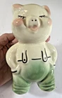 VTG Shawnee Pottery SMILEY Standing Pig Coin Bank Green Pants Suspenders 6”