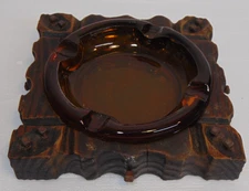 Ashtray Amber Wood Stand Retro Vintage Glass Mid Century Cigar Large Square Stud