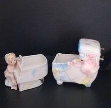 Pair Vintage Planter Relpo 5492  Baby Bassinet Planter Music Box  Damage 