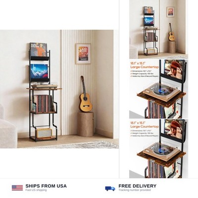 TJ.MOREE Record Player Stand with Vinyl Storage, Tall Record Player Table wit...