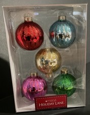 New Macy  s Holiday Lane 5 Glass Christmas Ornaments Multi Color Round Glitter