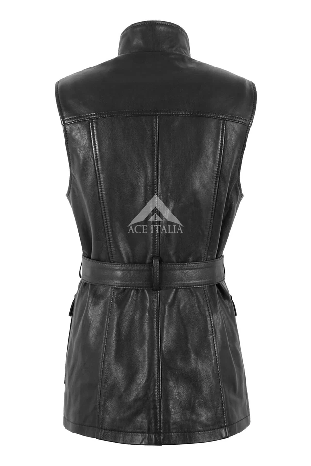 Ladies Trench Gilet Black Long Classic Style Waist Belted Vest Leather Waistcoat - Image 4 of 4