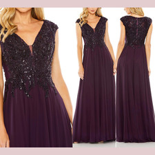 NWT Mac Duggal 16 20264 Appliqu d Cap Sleeve Bodice Flowy Gown Aubergin J506