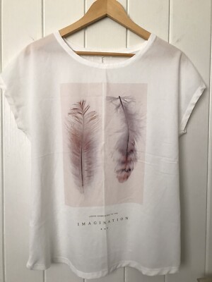 Promod White Summer Graphic Quote Art Print Design Top Size L VGC