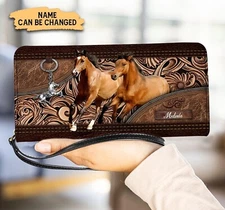 Personalized Horse Couple Leather PU Clutch Purse, Horse Lovers Wallet Gift