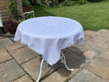 White Linen 1970s Embroidered Tea Time Tablecloth Afternoon Tea Nostalgic