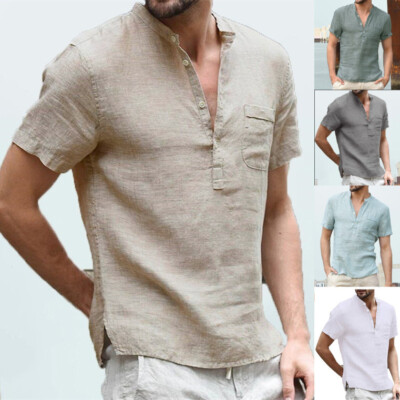 Mens Summer Linen Short Sleeve Blouse Henley V-Neck Casual Tops Solid T-Shirt