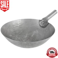 14" Silver Durable Carbon Steel Hand Hammered Peking Wok Kitchen Stir-Fry Stews