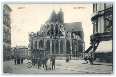 1910 Crowd Scene Near S Pierre Church Louvain (Leuven) Belgium Postcard