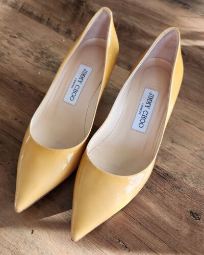JIMMY CHOO Patent Leather Pointed Toe Kitten Heels in Yellow, EUR 35.5 / US 5.5
