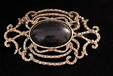 Vintage Brooch Faux Pearl Cabochon Victorian Revival Open Scroll Work 2 1/4”