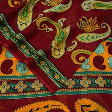 Indian Vintage Dark Red Saree Printed Pure Cotton Sari Craft Fabric 5Yd Sarong
