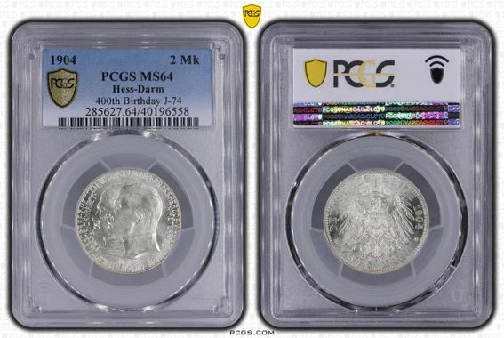 Hessen Darmstadt 2 Mark 1904 Jubiläum Erhaltung PCGS MS64 BU Kaiserreich J.74 - Bild 1 von 1