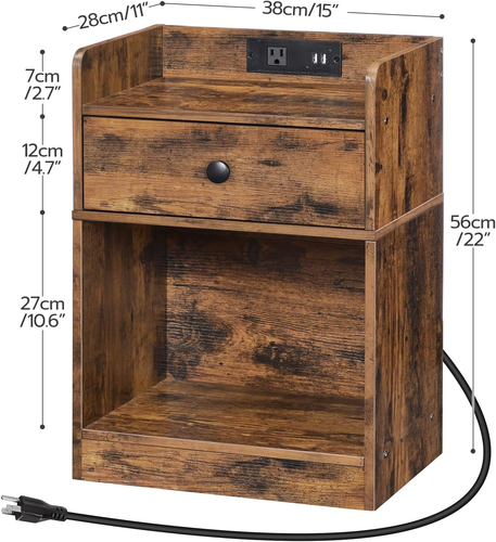 Nightstand with Charging Station, End Table with Drawer and Opening Shelf, Bedsi - Picture 3 of 9