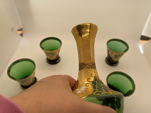 Bohemian Emerald Green Gold Gilt Hand Painted Decanter & 5 Cordials MCM Set - Picture 8 of 23